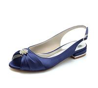 Yhsdfcn Elegant Pleated Satin Peep Toe Slingback Wedding Flats with Brilliant Crystal Brooch and Adjustable Rhinestone Buckle Strap,Dark Blue,7 UK