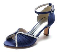 Yhsdfcn Elegant Satin Bridal Shoes with Shimmering Rhinestones Comfortable 6.5cm Mid Heel Wedding Sandals Classic Peep Toe Ankle Strap Evening Party Dress Shoes,Dark Blue,4 UK