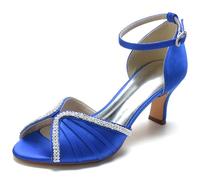 Yhsdfcn Elegant Satin Bridal Shoes with Shimmering Rhinestones Comfortable 6.5cm Mid Heel Wedding Sandals Classic Peep Toe Ankle Strap Evening Party Dress Shoes,Blue,9.5 UK