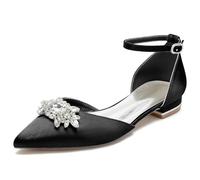 Yhsdfcn Elegant Sunburst Crystal Wedding Shoes for Bride Pointed Toe Satin D'Orsay Pumps with Ankle Strap Flower Bridal Flats Low Block Heel Party,Black,5 UK