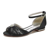 Yhsdfcn Floral Lace & Satin Flat Shoes for Women, Peep Toe Bridal Flats with Ankle Strap and Crystal Brooch, Comfortable Wedding Guest Pumps with Rhinestone Buckle,Black,5.5 UK