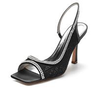 Yhsdfcn Floral Lace Square Toe Stiletto Sandals with Double Row Rhinestones & Slingback for Wedding Bridal,Black,5 UK