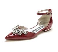 Yhsdfcn Floral Rhinestone Cluster Flats for Women Patent Leather D'Orsay Ankle Strap Pointed Toe Ballerinas,Burgundy,8.5 UK