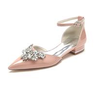 Yhsdfcn Floral Rhinestone Cluster Flats for Women Patent Leather D'Orsay Ankle Strap Pointed Toe Ballerinas,Nude Pink,9.5 UK