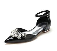 Yhsdfcn Floral Rhinestone Cluster Flats for Women Patent Leather D'Orsay Ankle Strap Pointed Toe Ballerinas,Black,6.5 UK