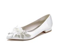 Yhsdfcn Handmade Pearl & Crystal Wedding Shoes for Bride Pointed Toe Satin Pumps Elegant Flower Bridal Shoes Low Block Heel Party Evening Dress Shoes,White,8.5 UK