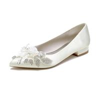 Yhsdfcn Handmade Pearl & Crystal Wedding Shoes for Bride Pointed Toe Satin Pumps Elegant Flower Bridal Shoes Low Block Heel Party Evening Dress Shoes,Ivory,5 UK