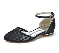 Yhsdfcn Ivory Floral Lace Mesh Flats, Breathable D'Orsay Pumps with Ankle Strap & Stable Low Heel for Wedding,Black,7 UK