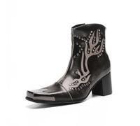 Yhsdfcn Men's Flame Pattern Square Toe Boots, Studded Leather, High Block Heel Black