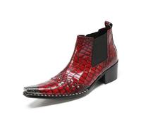 Yhsdfcn Men's Red Croc Embossed Chelsea Boots Metallic Pointed Toe Studded Western Cowboy Rock Party Stage Shoes,Red,8 UK