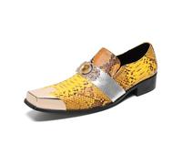 Yhsdfcn Men's Snakeskin Print Loafers Metal Square Toe Slip-on Shoes Luxury Yellow Python Embossed Formal Dress Shoes,Yellow,11 UK