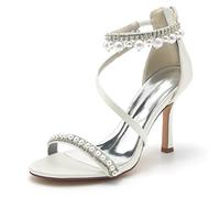 Yhsdfcn Pearl Rhinestone Stiletto Sandals 9.5cm/3.7in, Elegant Satin Heels for Evening Party Gala Formal Event,A Ivory,5.5 UK