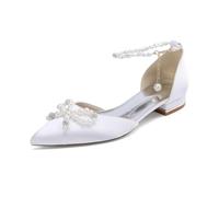 Yhsdfcn Pointed Toe Satin Wedding Shoes for Bride Flat Bridal Shoes Pearls Crystal Bow Pearl Ankle Chain Low Heel Comfort Evening Party Dress Shoes for Bridesmaids,White,7 UK