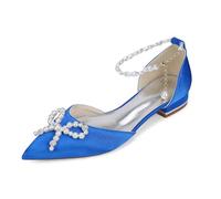 Yhsdfcn Pointed Toe Satin Wedding Shoes for Bride Flat Bridal Shoes Pearls Crystal Bow Pearl Ankle Chain Low Heel Comfort Evening Party Dress Shoes for Bridesmaids,Blue,9.5 UK