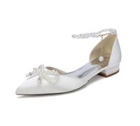Yhsdfcn Pointed Toe Satin Wedding Shoes for Bride Flat Bridal Shoes Pearls Crystal Bow Pearl Ankle Chain Low Heel Comfort Evening Party Dress Shoes for Bridesmaids,A Ivory,5.5 UK