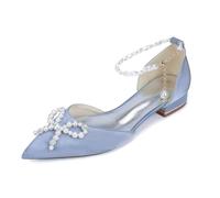 Yhsdfcn Pointed Toe Satin Wedding Shoes for Bride Flat Bridal Shoes Pearls Crystal Bow Pearl Ankle Chain Low Heel Comfort Evening Party Dress Shoes for Bridesmaids,Silver,8.5 UK