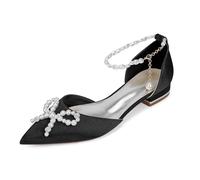 Yhsdfcn Pointed Toe Satin Wedding Shoes for Bride Flat Bridal Shoes Pearls Crystal Bow Pearl Ankle Chain Low Heel Comfort Evening Party Dress Shoes for Bridesmaids,Black,8.5 UK