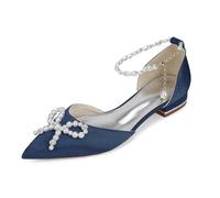 Yhsdfcn Pointed Toe Satin Wedding Shoes for Bride Flat Bridal Shoes Pearls Crystal Bow Pearl Ankle Chain Low Heel Comfort Evening Party Dress Shoes for Bridesmaids,Dark Blue,8.5 UK