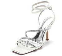 Yhsdfcn Rhinestone Multi-Strap Square Toe Heels, Sparkly Open Toe Slingback Sandals, Wrap Around Ankle Strap Stiletto for Wedding & Party,A Ivory,5 UK