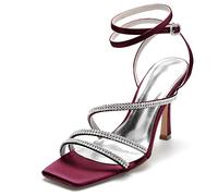 Yhsdfcn Rhinestone Multi-Strap Square Toe Heels, Sparkly Open Toe Slingback Sandals, Wrap Around Ankle Strap Stiletto for Wedding & Party,Burgundy,5 UK
