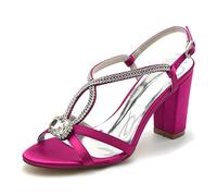 Yhsdfcn Rhinestone T-Strap Satin Block Heel Sandals for Women, Slingback Sandals with Decorative Gem & Adjustable Rhinestone Buckle, Formal Heels for Wedding Prom Evening Party,Rose red,5.5 UK