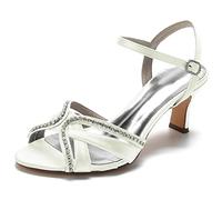 Yhsdfcn Rhinestone-Trimmed Crisscross Women's Sandals Satin Elegant Mid Heel Wedding Shoes with Ankle Strap Comfortable Peep Toe Evening Party Dress Shoes,A Ivory,6.5 UK