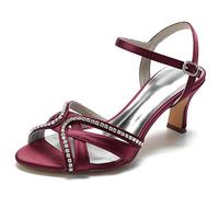 Yhsdfcn Rhinestone-Trimmed Crisscross Women's Sandals Satin Elegant Mid Heel Wedding Shoes with Ankle Strap Comfortable Peep Toe Evening Party Dress Shoes,Burgundy,6.5 UK