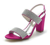 Yhsdfcn Rhinestone Two Strap Satin Block Heel Sandals for Women, Slingback Sandals with Adjustable Rhinestone Buckle, Formal Heels for Wedding Prom Evening Party,Rose red,5.5 UK