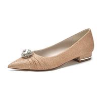 Yhsdfcn Ruched Pointed Toe Glitter Flats, Elegant Round Crystal Buckle Slip-on Pumps & Wedding Shoes,Champagne,6.5 UK