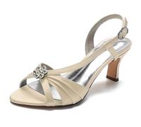 Yhsdfcn Satin Bridal Sandals Crystal Floral Brooch 6.5cm Kitten Heel Wedding Shoes Slingback Comfortable Peep Toe Evening Party Dress Sandals for Women,Champagne,5.5 UK