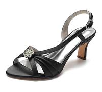 Yhsdfcn Satin Bridal Sandals Crystal Floral Brooch 6.5cm Kitten Heel Wedding Shoes Slingback Comfortable Peep Toe Evening Party Dress Sandals for Women,Black,5.5 UK