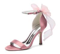 Yhsdfcn Single Strap Satin Sandals with Mesh Bow for Women Rhinestone Ankle Strap Elegant Heels,Pink,9.5 UK