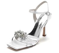 Yhsdfcn Square Toe Stiletto Heels for Women, Dazzling Sunflower Crystal Brooch Bridal Sandals, Evening Dress Shoes with Ankle Strap,White,7 UK