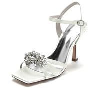 Yhsdfcn Square Toe Stiletto Heels for Women, Dazzling Sunflower Crystal Brooch Bridal Sandals, Evening Dress Shoes with Ankle Strap,A Ivory,6.5 UK