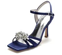 Yhsdfcn Square Toe Stiletto Heels for Women, Dazzling Sunflower Crystal Brooch Bridal Sandals, Evening Dress Shoes with Ankle Strap,Dark Blue,8 UK