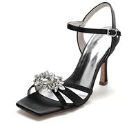 Yhsdfcn Square Toe Stiletto Heels for Women, Dazzling Sunflower Crystal Brooch Bridal Sandals, Evening Dress Shoes with Ankle Strap,Black,8.5 UK