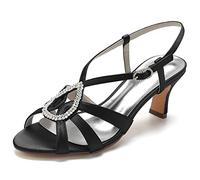 Yhsdfcn Teardrop Rhinestone Women's Slingback Sandals Strappy Satin Mid Heel Wedding Shoes Elegant Cage Design Ankle Strap Peep Toe Evening Party Dress Shoes,Black,4 UK