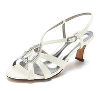 Yhsdfcn Teardrop Rhinestone Women's Slingback Sandals Strappy Satin Mid Heel Wedding Shoes Elegant Cage Design Ankle Strap Peep Toe Evening Party Dress Shoes,A Ivory,8 UK