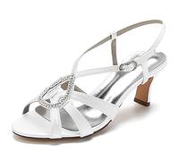 Yhsdfcn Teardrop Rhinestone Women's Slingback Sandals Strappy Satin Mid Heel Wedding Shoes Elegant Cage Design Ankle Strap Peep Toe Evening Party Dress Shoes,White,5.5 UK