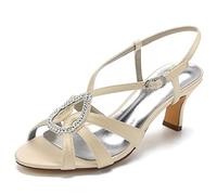 Yhsdfcn Teardrop Rhinestone Women's Slingback Sandals Strappy Satin Mid Heel Wedding Shoes Elegant Cage Design Ankle Strap Peep Toe Evening Party Dress Shoes,Champagne,5 UK