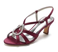 Yhsdfcn Teardrop Rhinestone Women's Slingback Sandals Strappy Satin Mid Heel Wedding Shoes Elegant Cage Design Ankle Strap Peep Toe Evening Party Dress Shoes,Burgundy,5 UK