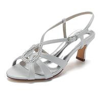 Yhsdfcn Teardrop Rhinestone Women's Slingback Sandals Strappy Satin Mid Heel Wedding Shoes Elegant Cage Design Ankle Strap Peep Toe Evening Party Dress Shoes,Silver,5 UK