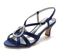 Yhsdfcn Teardrop Rhinestone Women's Slingback Sandals Strappy Satin Mid Heel Wedding Shoes Elegant Cage Design Ankle Strap Peep Toe Evening Party Dress Shoes,Dark Blue,5.5 UK