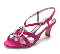 Yhsdfcn Teardrop Rhinestone Women's Slingback Sandals Strappy Satin Mid Heel Wedding Shoes Elegant Cage Design Ankle Strap Peep Toe Evening Party Dress Shoes,Rose red,4 UK