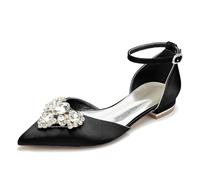 Yhsdfcn Vintage Glamour Wedding Flats for Bride Sparkling Crystal Cluster Pointed Toe Satin D'Orsay Pumps with Ankle Strap Luxury Bridal Shoes Low Heel,Black,8 UK