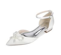 Yhsdfcn Wedding Shoes for Bride Flat Bridal Shoes Pointed Toe Satin Pearls Crystal Bow Ankle Strap Low Heel Comfort Evening Party Dress Shoes for Bridesmaids,Ivory,5.5 UK