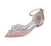 Yhsdfcn Wedding Shoes for Bride Flat Bridal Shoes Pointed Toe Satin Pearls Crystal Bow Ankle Strap Low Heel Comfort Evening Party Dress Shoes for Bridesmaids,Pink,8.5 UK