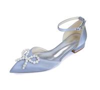 Yhsdfcn Wedding Shoes for Bride Flat Bridal Shoes Pointed Toe Satin Pearls Crystal Bow Ankle Strap Low Heel Comfort Evening Party Dress Shoes for Bridesmaids,Silver,8 UK