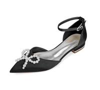 Yhsdfcn Wedding Shoes for Bride Flat Bridal Shoes Pointed Toe Satin Pearls Crystal Bow Ankle Strap Low Heel Comfort Evening Party Dress Shoes for Bridesmaids,Black,5 UK