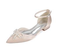 Yhsdfcn Wedding Shoes for Bride Flat Bridal Shoes Pointed Toe Satin Pearls Crystal Bow Ankle Strap Low Heel Comfort Evening Party Dress Shoes for Bridesmaids,Champagne,8 UK